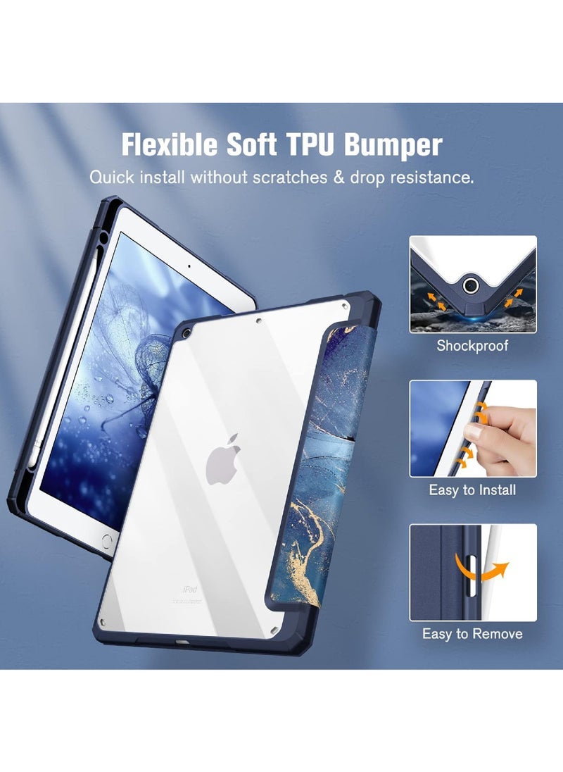 كابتن تيك حافظة هجينة رفيعة لجهاز iPad الجيل التاسع / الثامن / السابع (2021/2020 / 2019) مقاس 10.2 بوصة - 【حامل أقلام مدمج】 غطاء مقاوم للصدمات مع غطاء خلفي شفاف شفاف ونوم تلقائي من رخام المحيط  - Image 5