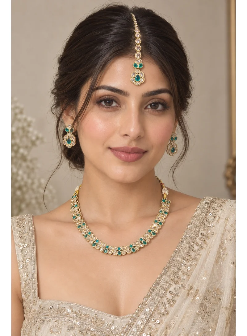 Lehar Teal Green Floral Kundan Necklace Set with Earrings & Maang Tikka - Indian Bridal Jewelry