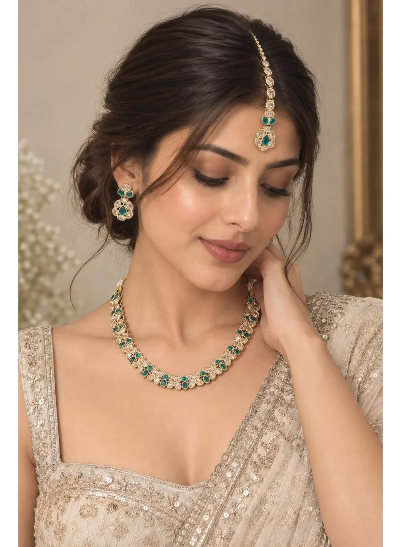 Lehar Teal Green Floral Kundan Necklace Set with Earrings & Maang Tikka - Indian Bridal Jewelry