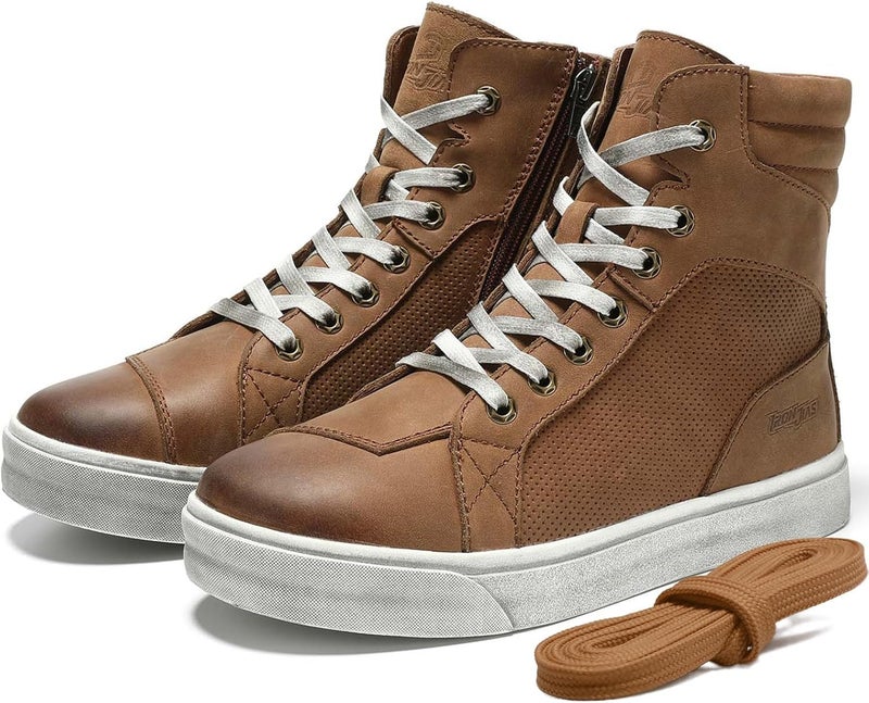 BORLEN Motorcycle Riding Shoes Cowhide Leather Breathable Casual Outdoor Street Motorcycle Boots for Men Brown 10