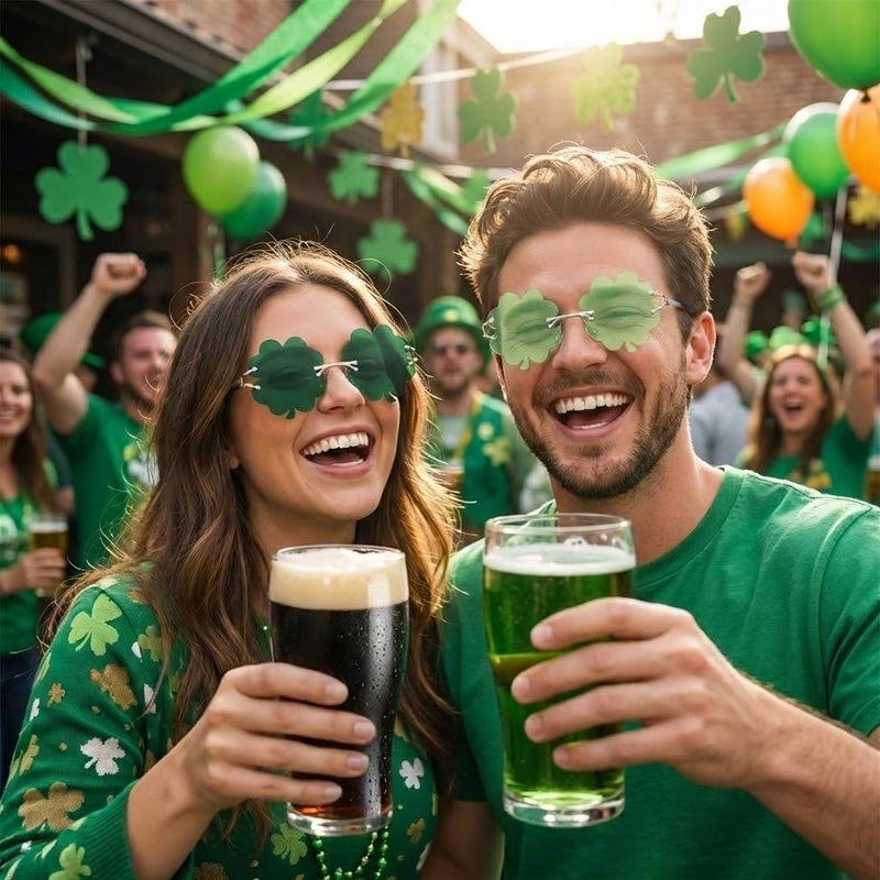 GLARDEFE St Patricks Day Accessories Shamrock Sunglasses - Irish Clover Four Leaf Green Lens Costume Glasses(Green + Light Green) - Image 2