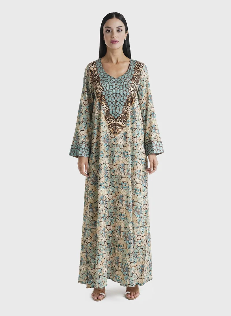 KASHKHA Green Geometric and Animal Printed Cotton Satin Jalabiya (VG2891)