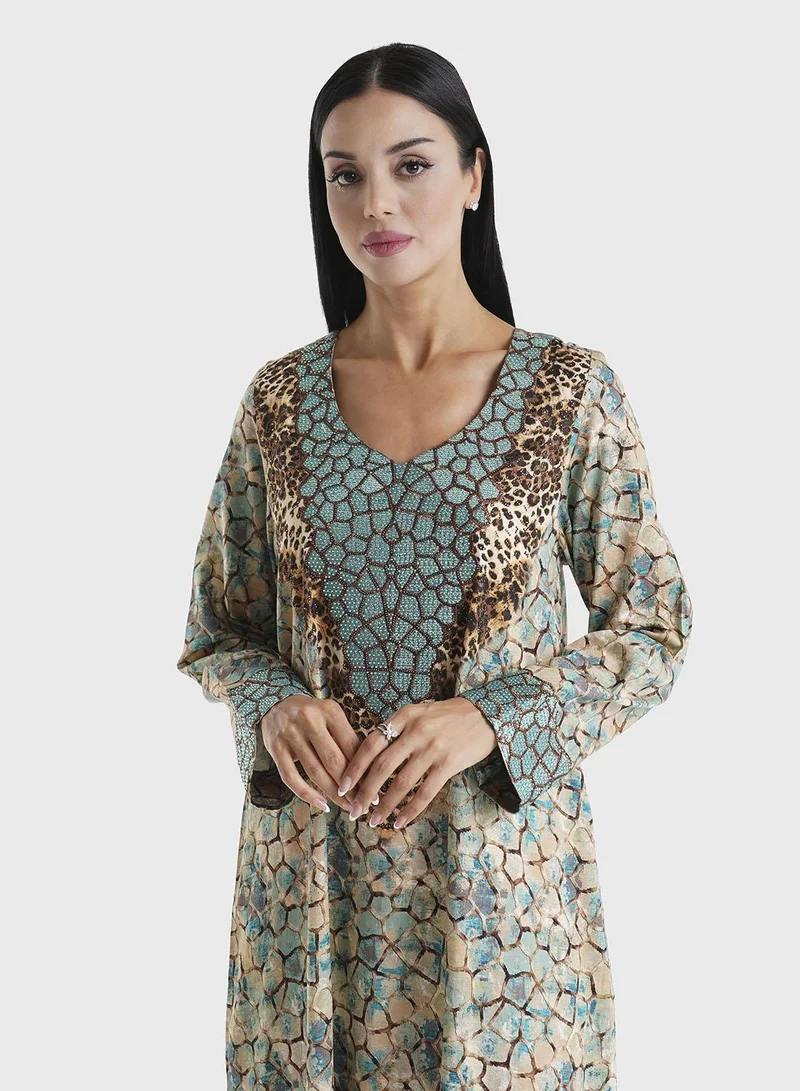 KASHKHA Green Geometric and Animal Printed Cotton Satin Jalabiya (VG2891)