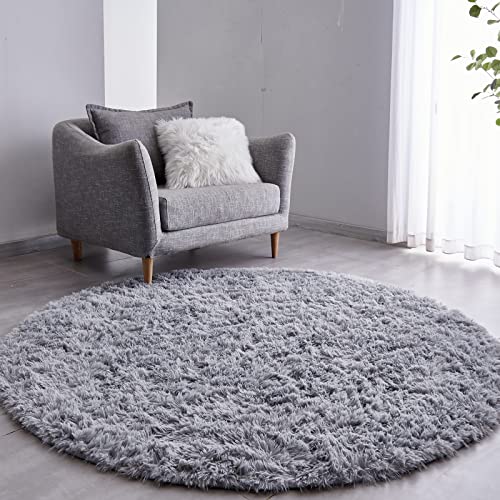FJZFING Grey Round Rug Ultra-Soft Plush Modern 5x5 Circle Area Rug for Kid's Bedroom, Fluffy Shag Circular Rug for Nursery Room, Non-Slip Home Decor Cute Grey Carpet for Teen's Room - Image 1