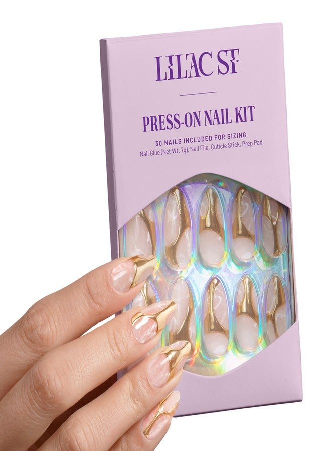 ليلك ستريت. Lilac St - أظافر لاصقة، ذهبي في عروقي (30 ظفرًا، 15 مقاسًا) - طويل، لوزي، لامع، غير شفاف - غراء أظافر بالفرشاة، مبرد أظافر، عصا بشرة، وسادة تحضير - قابلة لإعادة الاستخدام - خالية من القسوة، نباتية، تأسست من قبل النساء - Image 1