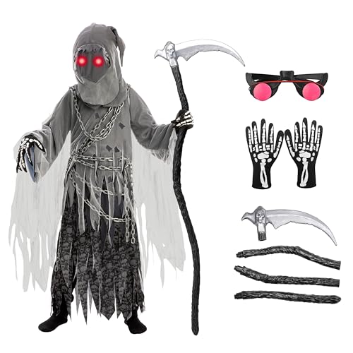 Spooktacular Creations Child Unisex Grim Reaper Costume, Halloween Costume with Glowing Red Eyes for Kids Trick-or-Treating-S(5-7yr) - Image 1