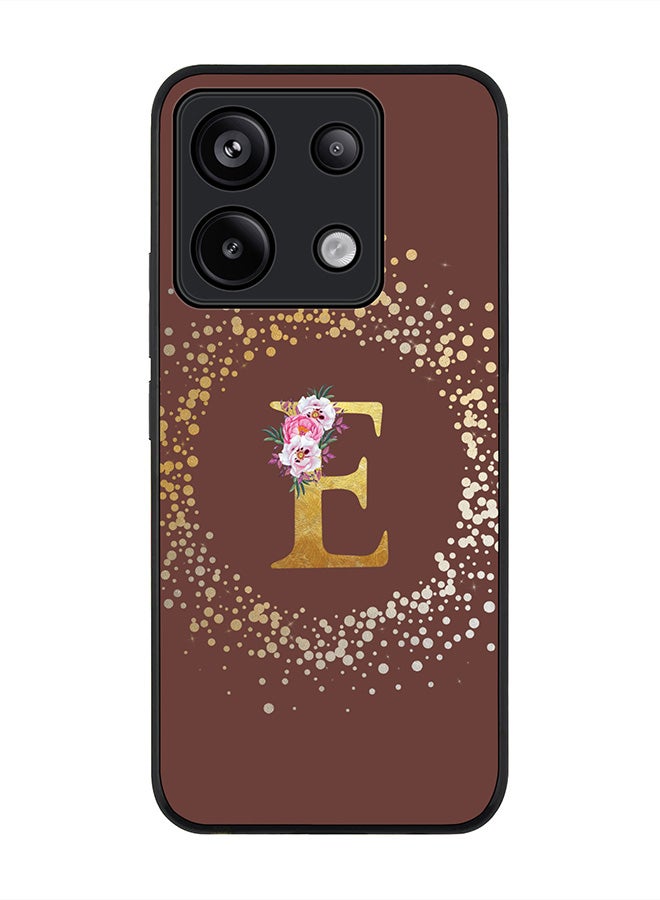 Rugged Black Edge Case for Xiaomi Redmi Note 13 Pro 5G, Slim Case Cover- Custom Monogram Initial Letter Floral Pattern Alphabet - E(Brown)