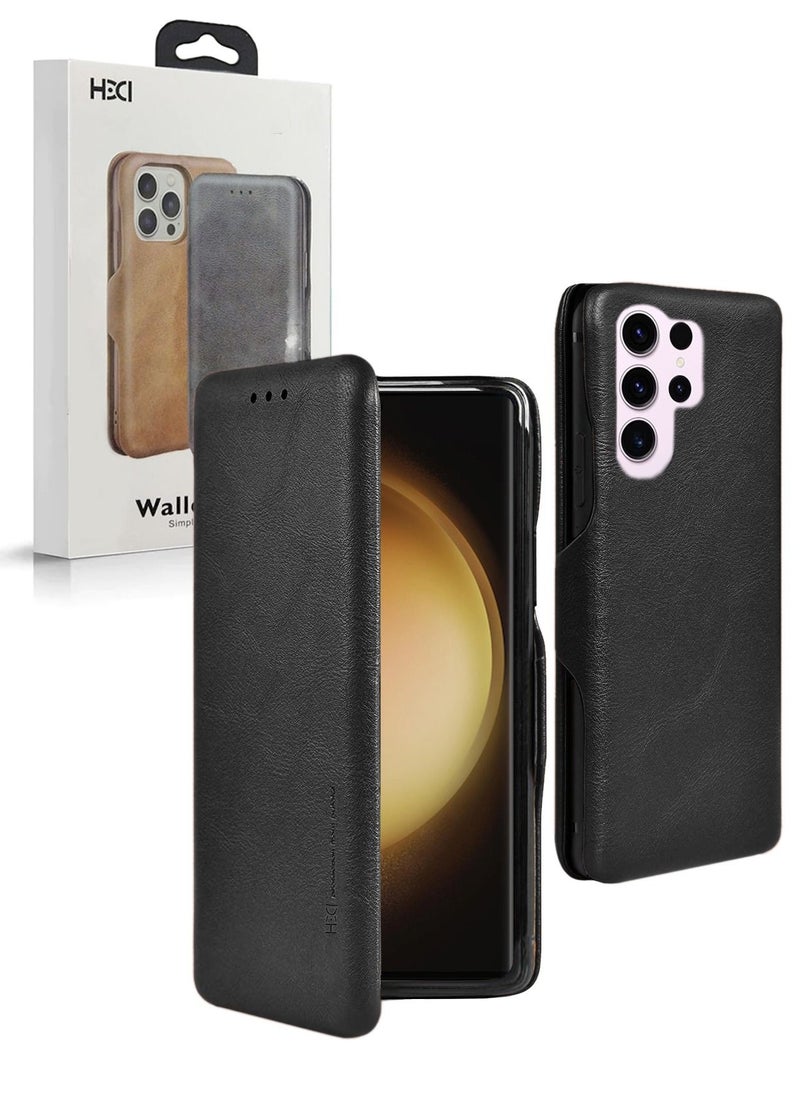 HDCI PU Leather Texture Flip Wallet Case Cover For Samsung Galaxy S23 Ultra 5G 2023 Black  - Image 1