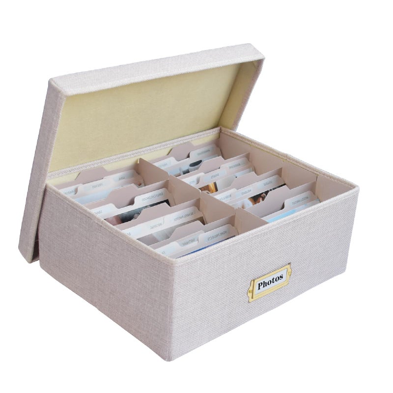 Sprsthai Linen Photo Storage Box â€“ Holds 1700 Photos, 24 Adjustable Dividers & 72 Labels Multi-Use Organizer for Photos, Envelopes, Recipes Beige - Image 1