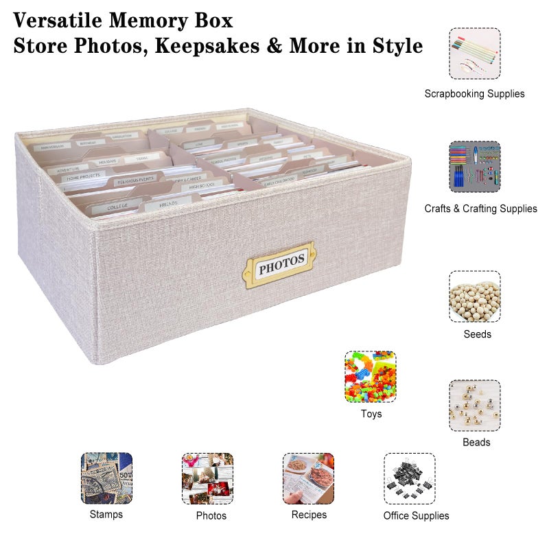 Sprsthai Linen Photo Storage Box â€“ Holds 1700 Photos, 24 Adjustable Dividers & 72 Labels Multi-Use Organizer for Photos, Envelopes, Recipes Beige - Image 3