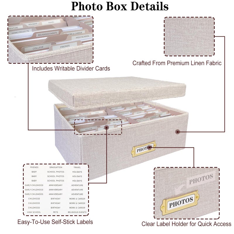 Sprsthai Linen Photo Storage Box â€“ Holds 1700 Photos, 24 Adjustable Dividers & 72 Labels Multi-Use Organizer for Photos, Envelopes, Recipes Beige - Image 4