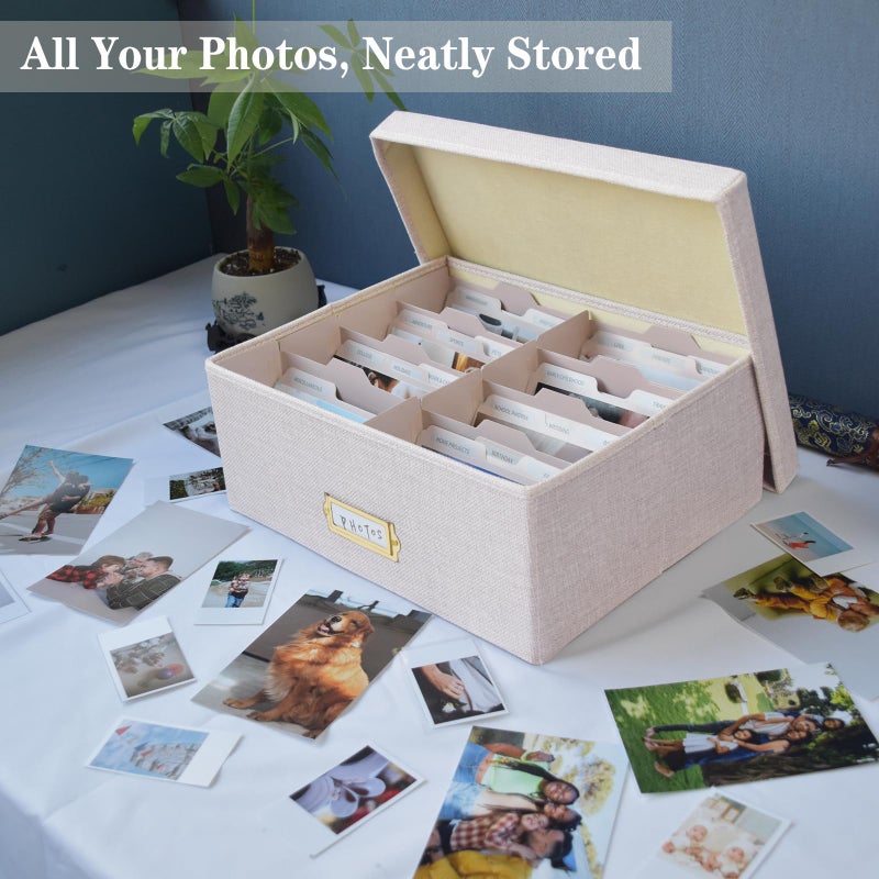 Sprsthai Linen Photo Storage Box â€“ Holds 1700 Photos, 24 Adjustable Dividers & 72 Labels Multi-Use Organizer for Photos, Envelopes, Recipes Beige - Image 2
