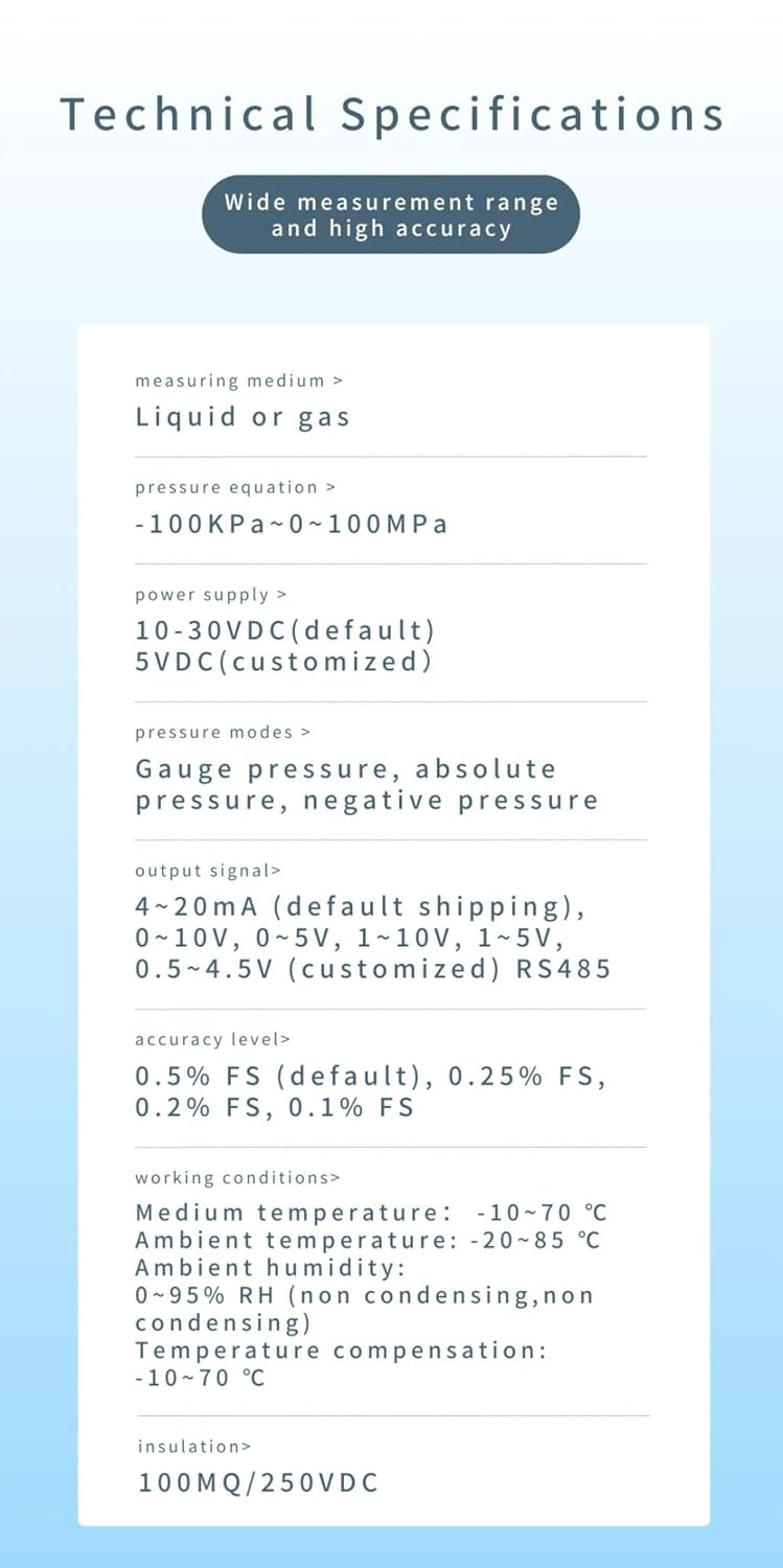 Industrial Diffused Silicon Pressure Transmitter High Accuracy 4-20mA Output for Constant Water Supply Oil Gas Liquid(0-100MPa) - Image 4