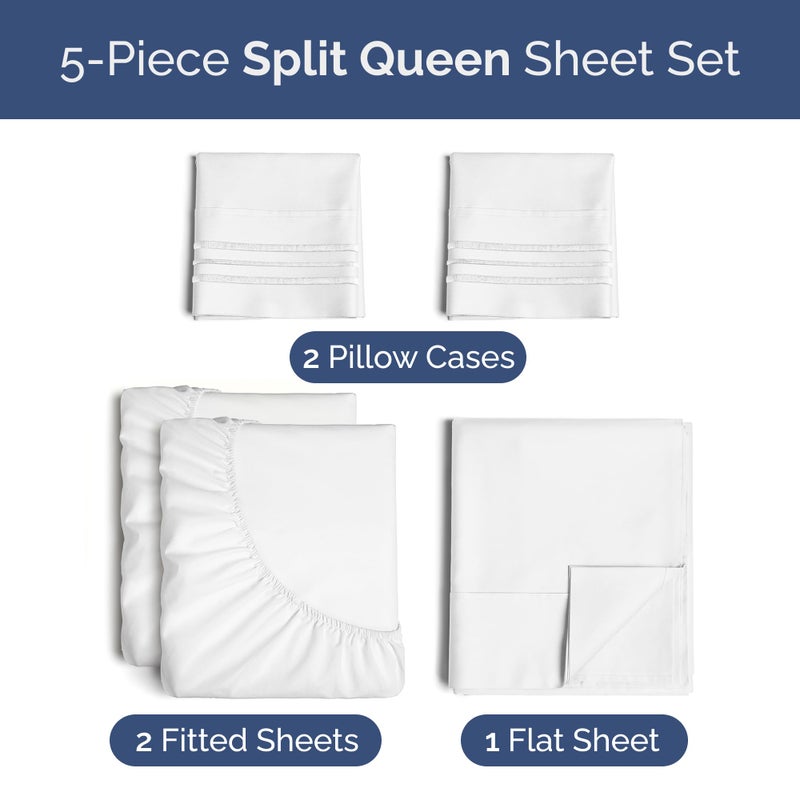Split Queen Sheets - Easy-Fit  Wrinkle-Resistant  Designed for Split Queen Mattress - Split Queen Sheets Sets Fits 14"" to 16"" Deep Pockets - Premium Extra Soft  Queen Split Fitted Sheet Set - White