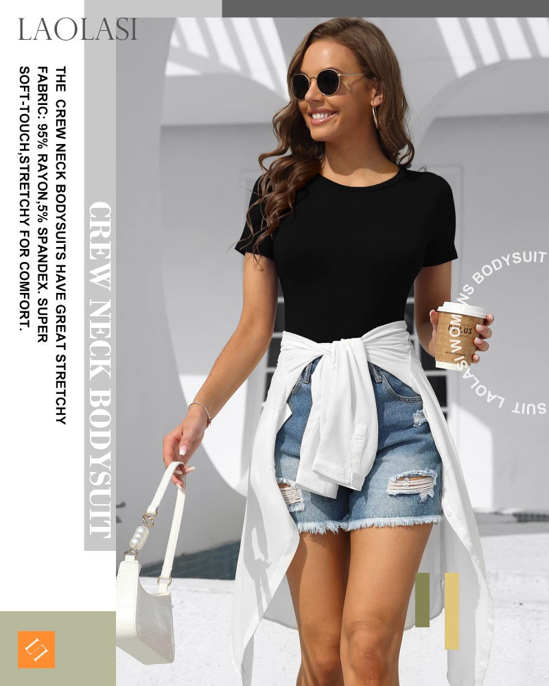 LAOLASI Women's Round Neck Short Sleeves Slim Fit Body Suit Basic Bodysuit Daily T Shirts Tops, Black 02, Small - Image 4