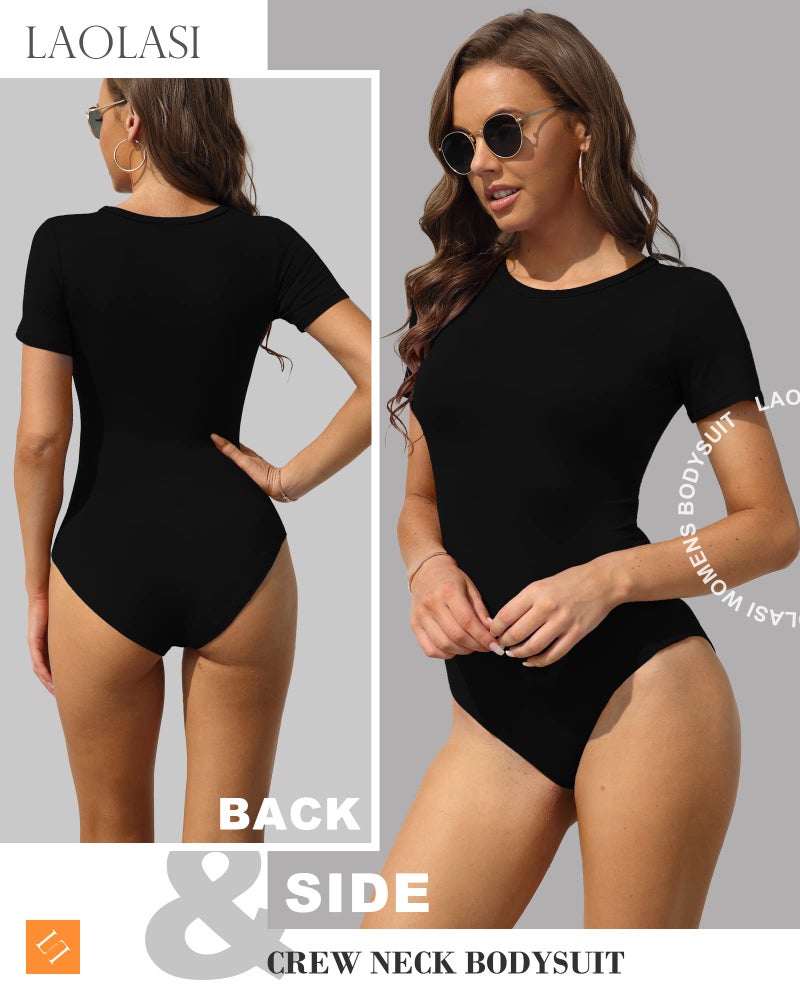 LAOLASI Women's Round Neck Short Sleeves Slim Fit Body Suit Basic Bodysuit Daily T Shirts Tops, Black 02, Small - Image 5