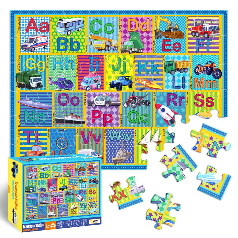 LithoConcepts Floor Puzzle for Kids48 Piece Transportation Letter AZ Alphabet PuzzleVivid of Cartoon Design Letter Games for PreschoolersLearn ABCs with Fun Interactive Educational Toy for Ages 3 - Image 3