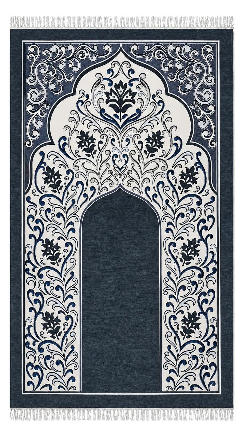 Fabienne Padded Prayer Mat 70x110cm 1cm Cushion Sajadah Lightweight Compact Size Musallah for Adults & Kids, Travel Hajj Umrah Gift Navy Blue/Off-White - Image 1