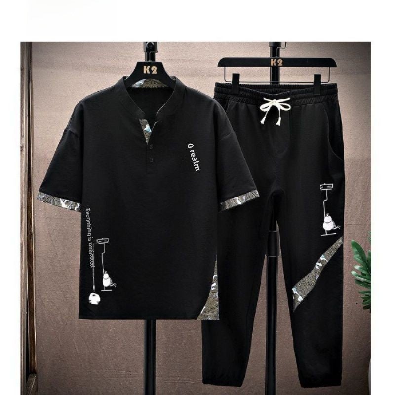 طقم تي شيرت فضفاض للرجال بتصميم صيني قديم وسروال طويل رمادي - Image 2