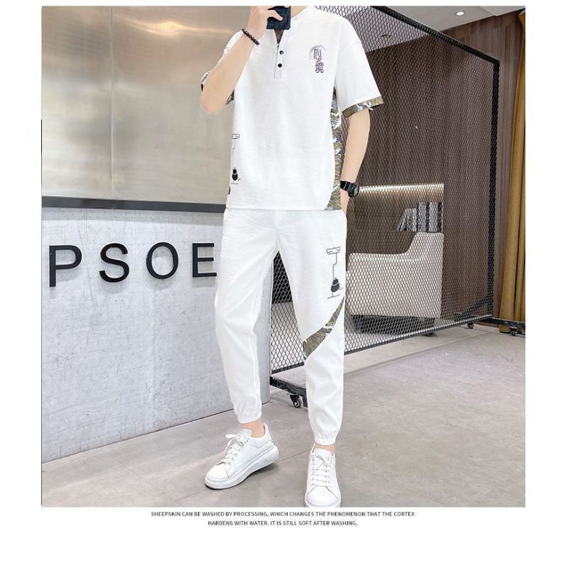 طقم تي شيرت فضفاض للرجال بتصميم صيني قديم وسروال طويل رمادي - Image 5