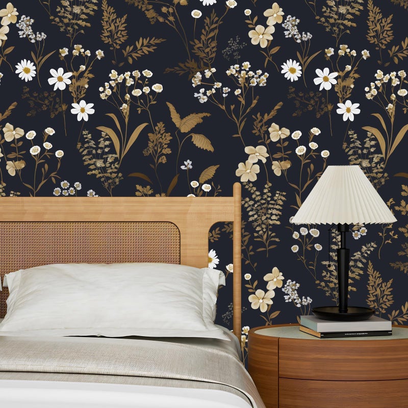 Laatse Dark Floral Wallpaper Peel and Stick 17.5" x 393" Navy Gold Leaf Wallpaper Vinyl Waterproof Self-Adhesive Boho Botanical Wall Paper Navy Blue Decor for Bathroom Bookcase Bedroom Cabinet - Image 3