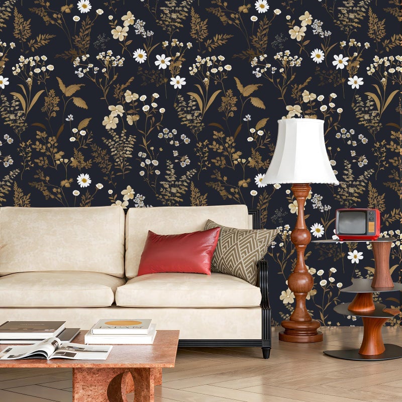Laatse Dark Floral Wallpaper Peel and Stick 17.5" x 393" Navy Gold Leaf Wallpaper Vinyl Waterproof Self-Adhesive Boho Botanical Wall Paper Navy Blue Decor for Bathroom Bookcase Bedroom Cabinet - Image 2