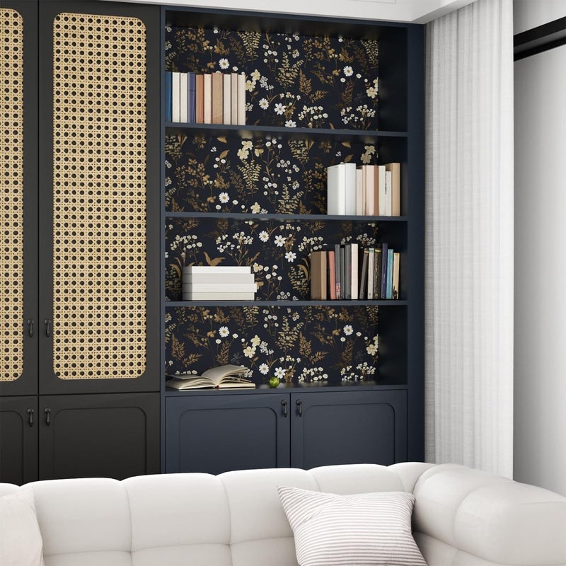 Laatse Dark Floral Wallpaper Peel and Stick 17.5" x 393" Navy Gold Leaf Wallpaper Vinyl Waterproof Self-Adhesive Boho Botanical Wall Paper Navy Blue Decor for Bathroom Bookcase Bedroom Cabinet - Image 5
