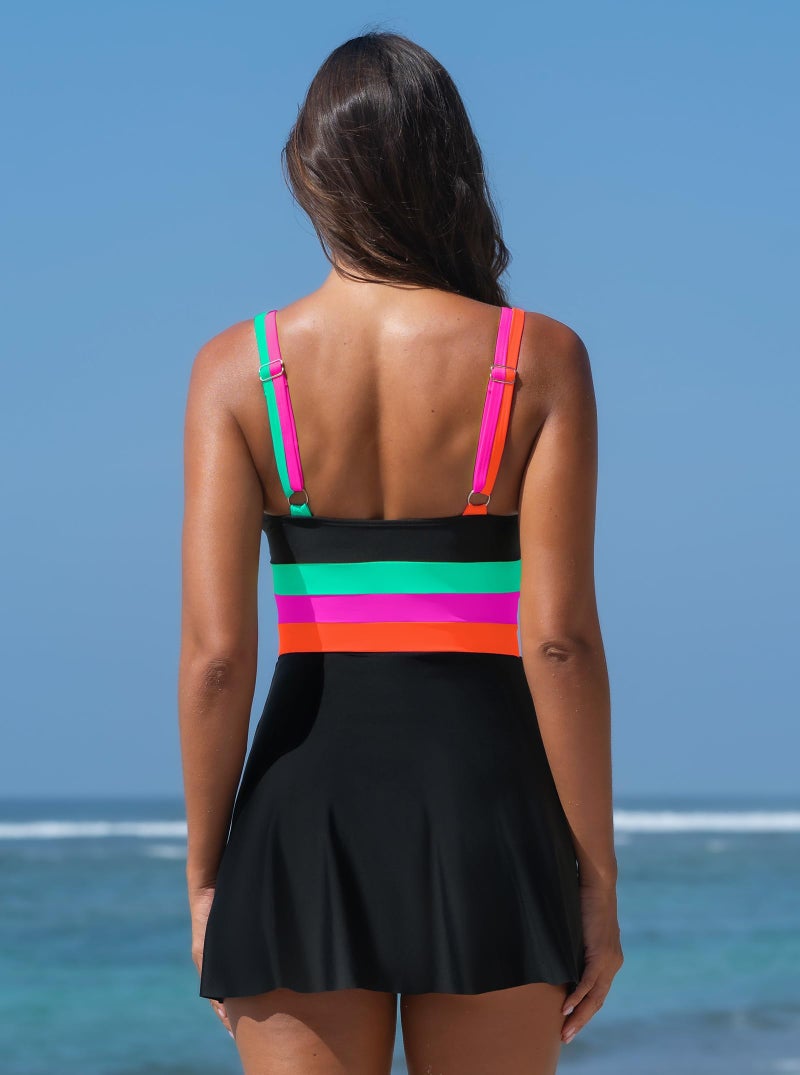 popvil Women One Piece Swimsuit 2026 Tummy Control Bathing Suit Neon Modest Swim Dress with Skirt Full Coverage,Black1, Large - Image 3