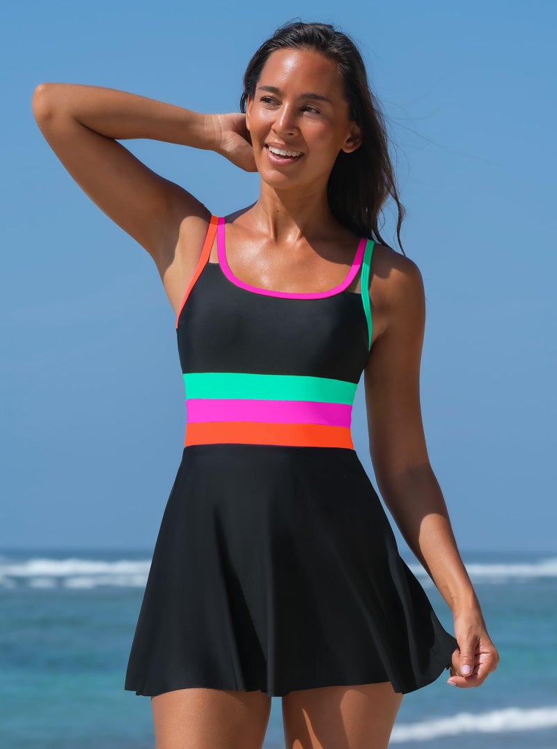 popvil Women One Piece Swimsuit 2026 Tummy Control Bathing Suit Neon Modest Swim Dress with Skirt Full Coverage,Black1, Large - Image 4