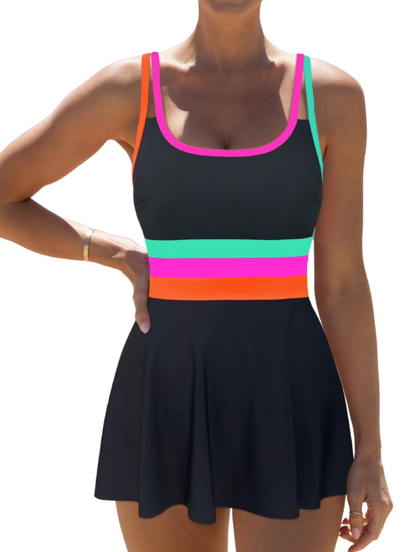 popvil Women One Piece Swimsuit 2026 Tummy Control Bathing Suit Neon Modest Swim Dress with Skirt Full Coverage,Black1, Large - Image 1