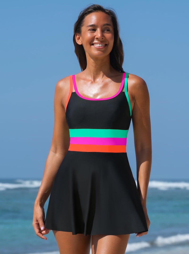 popvil Women One Piece Swimsuit 2026 Tummy Control Bathing Suit Neon Modest Swim Dress with Skirt Full Coverage,Black1, Large - Image 5