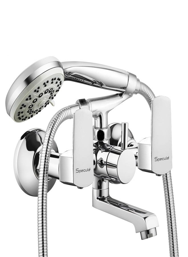 Specule Cube Brass Wall Mixer with Crutch & 5-Function | Hand Shower with 1.5 Meter Flexible Tube | Bathroom Mixer Tap | Wall Mixer with Hand Shower | Wall Mixture (Chrome) - Image 1