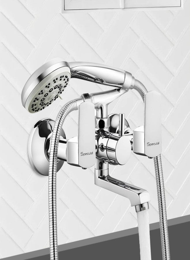 Specule Cube Brass Wall Mixer with Crutch & 5-Function | Hand Shower with 1.5 Meter Flexible Tube | Bathroom Mixer Tap | Wall Mixer with Hand Shower | Wall Mixture (Chrome) - Image 2