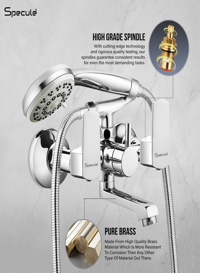 Specule Cube Brass Wall Mixer with Crutch & 5-Function | Hand Shower with 1.5 Meter Flexible Tube | Bathroom Mixer Tap | Wall Mixer with Hand Shower | Wall Mixture (Chrome) - Image 3