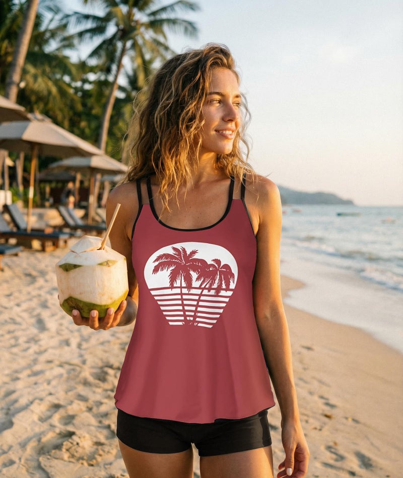 Urchics Stylish Swim Suits for Women Slimming Tankini Set Adjustable Straps 2 Piece Swimwear Tropical Hawaii Beach Pool Party Photoshoot Flattering Hides Belly Perfect for Vacation Brick Red Tree XL - Image 2