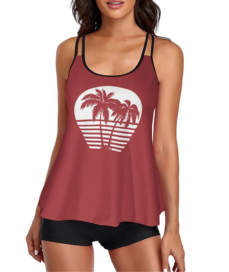 Urchics Stylish Swim Suits for Women Slimming Tankini Set Adjustable Straps 2 Piece Swimwear Tropical Hawaii Beach Pool Party Photoshoot Flattering Hides Belly Perfect for Vacation Brick Red Tree XL - Image 1