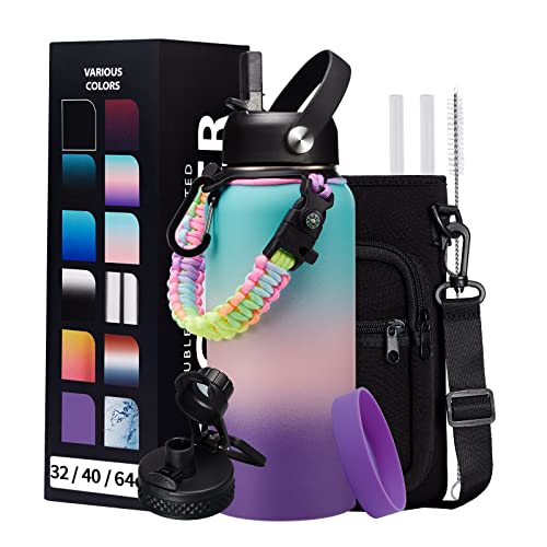 DIGJUPER Insulated Stainless Steel Water Bottle  324064128 oz Water Bottles with Straw  Spout Lids Paracord Handle and Carrier Pouch Workout Water Flask Bottle for Women Men Sport Activities