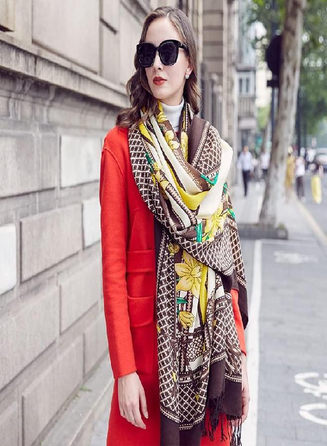 DANA XU DANA XU 100% Pure Merino Wool Extra Large Pashmina Cashmere Scarf Shawl And Wrap For Women Winter Oversized Floral Blanket - Image 2