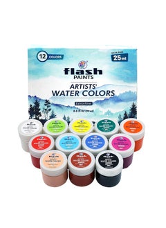 Flash Flash Water Colours For Painting-Painting Kit For Kids Artists Professionals Hobby Painters-Matt Finish Rich Pigments Non Toxic Watercolor Set-25 Ml Each (Set Of 12), Multicolor  - Image 1