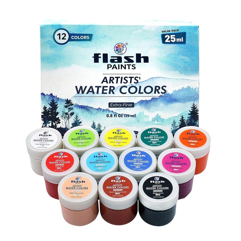 Flash Water Colours For Painting-Painting Kit For Kids Artists Professionals Hobby Painters-Matt Finish Rich Pigments Non Toxic Watercolor Set-25 Ml Each (Set Of 12), Multicolor - Image 1
