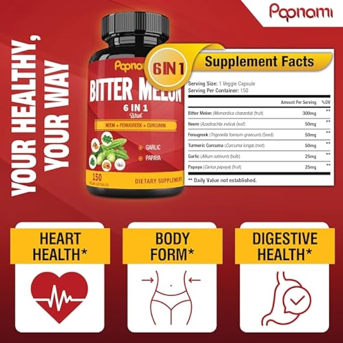 Papnami Organic Bitter Melon Extract Capsules - Combined Neem, Fenugreek, Curcumin, Garlic & Papaya - 150 Count for 5 Months - Supports Body, Digestive, Skin, Immune & Overall Wellness - Image 3