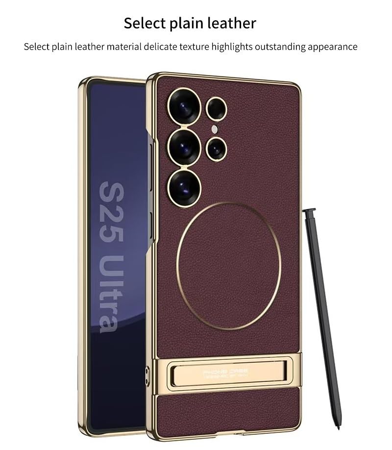 Midkart Leather Cover Compatible with Samsung Galaxy S25 Ultra and Compatible with Magsafe Charging Kickstand Electroplating Independent Camera Protection Cover, Burgundy - Image 3