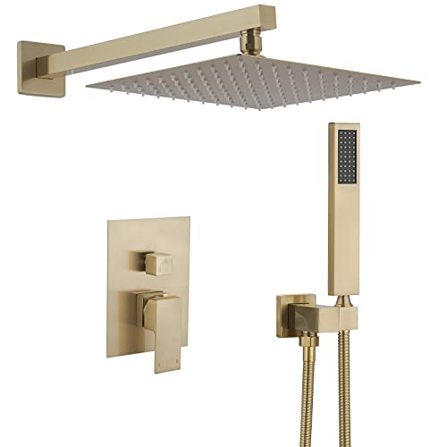 مجموعة صنابير الدش الذهبية المصقولة BWE 10 بوصة مع رأس دش مطري فاخر مربع مع رشاش يدوي نظام دش مثبت على الحائط مع صمام Roughin وقطع الغيار المضمنة