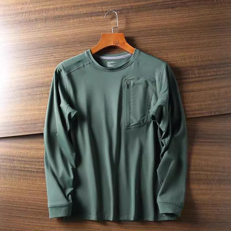 Birds Are Outdoor! Lightweight Design Skin-Friendly Autumn New Men'S High Elastic German Velvet Pressure Plastic Pocket Long Sleeve T-Shirt - Image 1