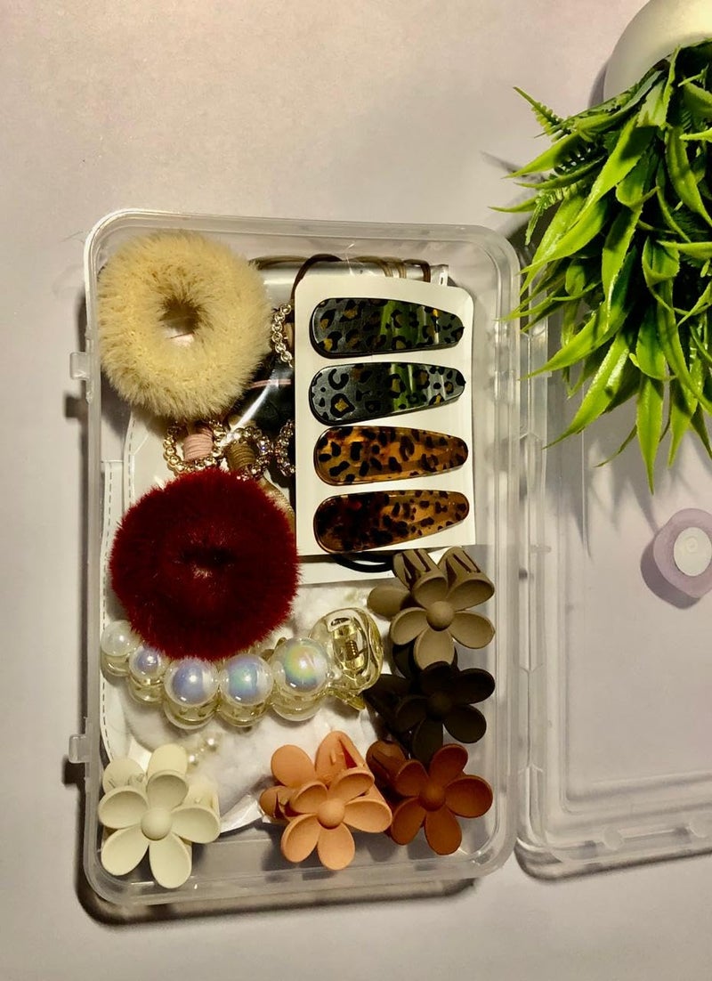 Generic Fashion Hair Accessories Set with Flower Clips Pearl Scrunchies Leopard Print Clips Fuzzy Scrunchies and Crystal Bow Hair Ties  - Image 1