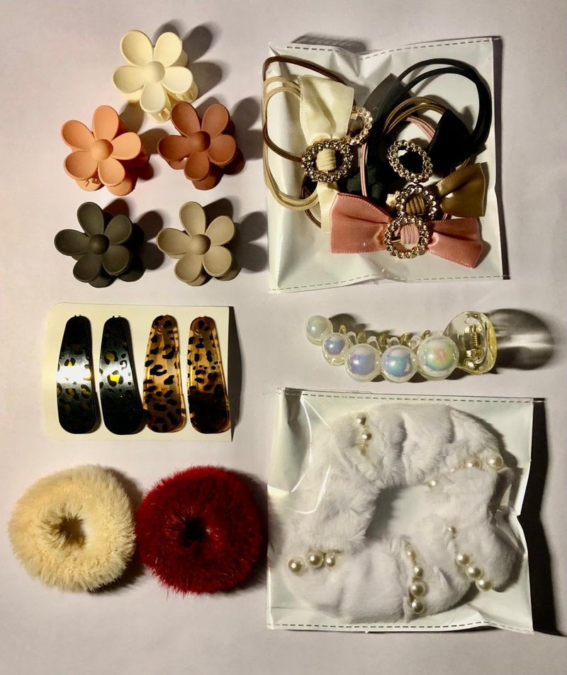 Generic Fashion Hair Accessories Set with Flower Clips Pearl Scrunchies Leopard Print Clips Fuzzy Scrunchies and Crystal Bow Hair Ties  - Image 2
