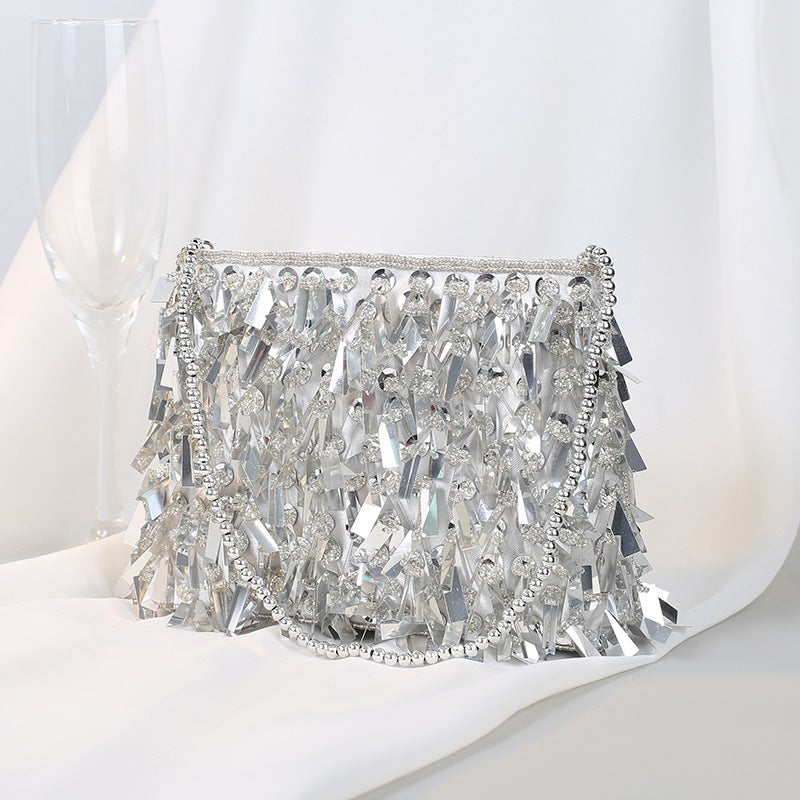 Vintage Silver Beaded Sequin Evening Clutch Bag Silver