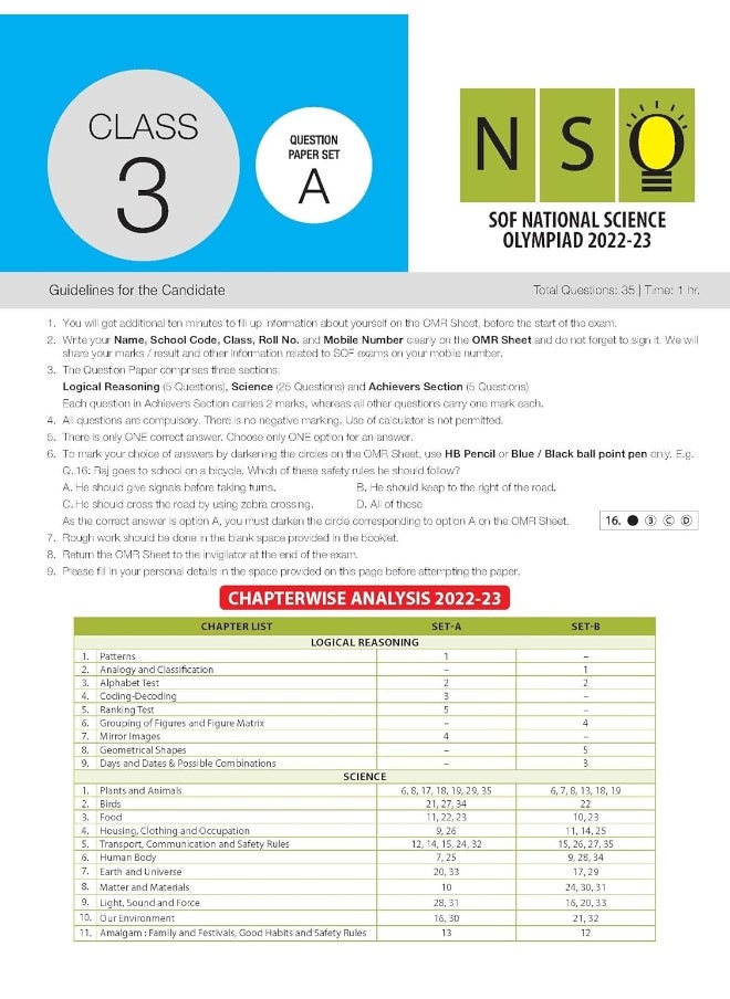 MTG Science (NSO) Olympiad Previous Years Papers with Mock Test Papers Class 3 - Sample OMR Sheet with Chapterwise Analysis | SOF Olympiad Books For 2023-24 Exam MTG Editorial Board  - Image 3