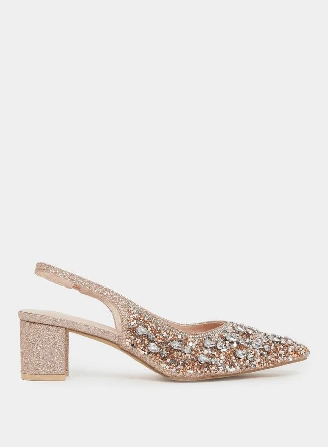 Copper Glitter Embellished Slingback Sandals