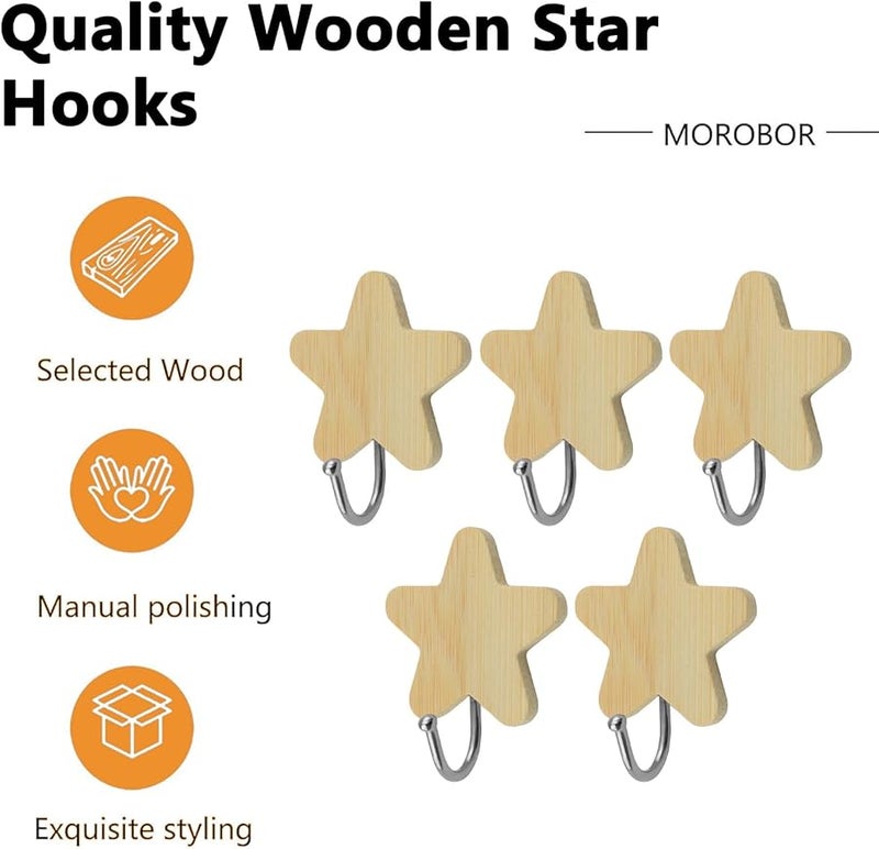 خطافات حائط خشبية على شكل نجمة 5 قطع رف حضانة زخرفي للمناشف والحقائب والقبعات - Image 5